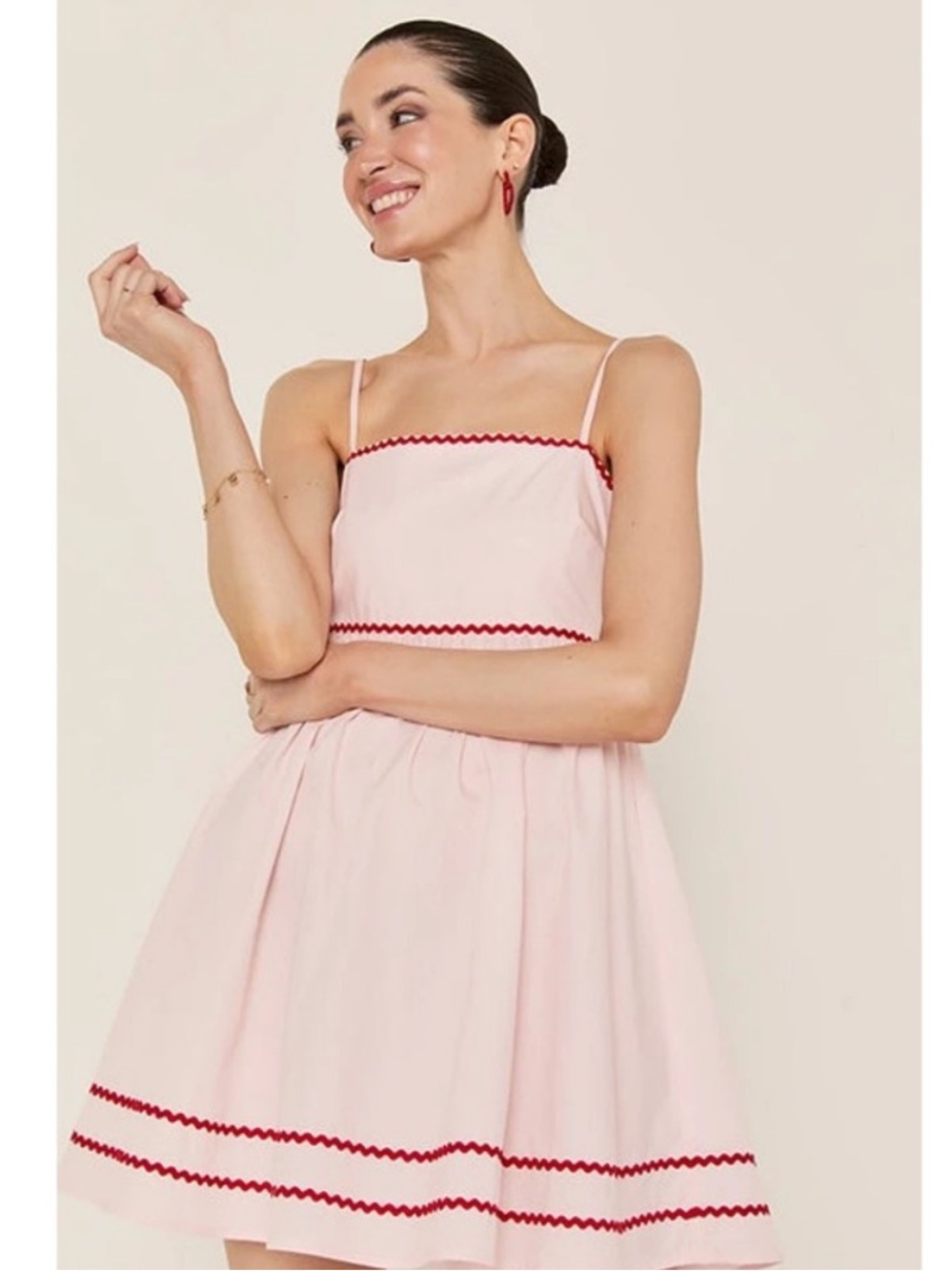 Francesca’s Light Pink Sundress with Red Ric-Rac Trim